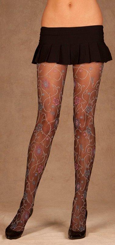 Black Floral Pattern Pantyhose - One Size Available - Image 2